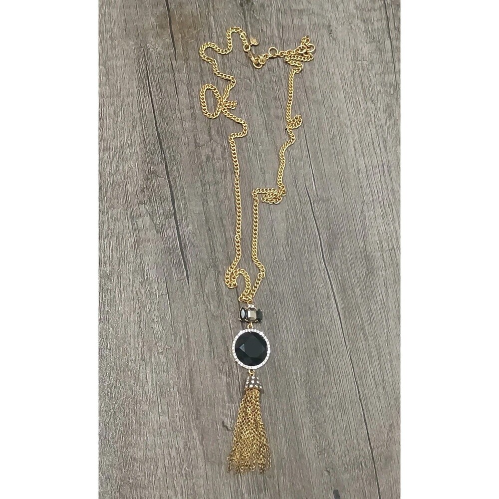 J Crew Faceted Black Clear Rhinestone Halo Gold Tone Chain Tassel Necklace